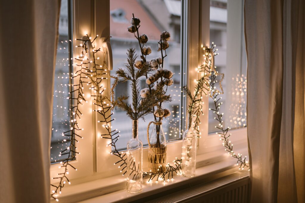 Christmas Lights in Window with natural decorations