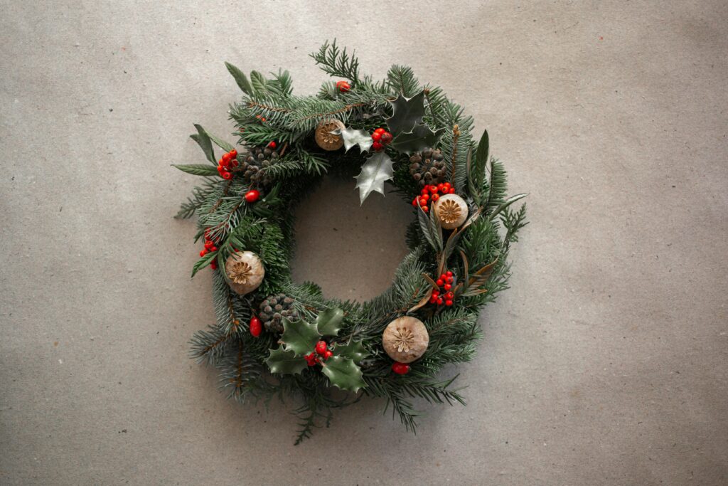 Christmas wreath with natural materials and pine cones